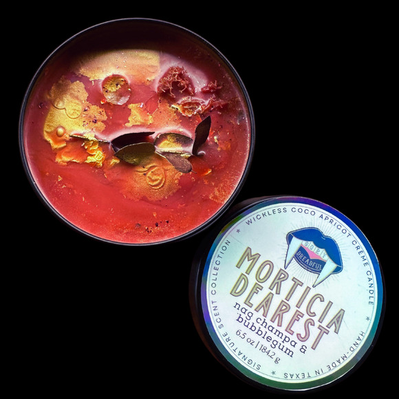 Morticia Dearest Signature Luxury Wickless Candle: Nag Champa & Bubblegum - Picture 1 of 6